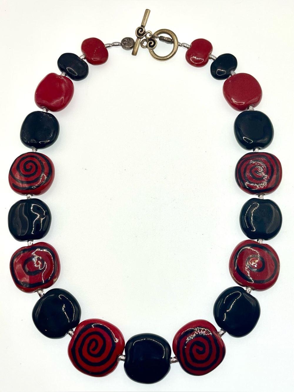 Vintage Artisan Ceramic Beaded Necklace Red Black Spiral Glazed Statement